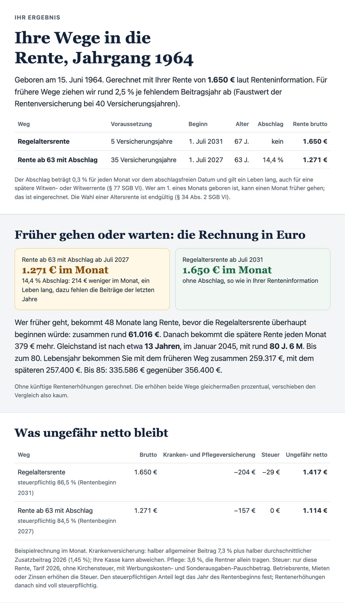 Beispiel eines Renten-Check-Berichts: Wege in die Rente, Abschlag, Vergleich in Euro, netto